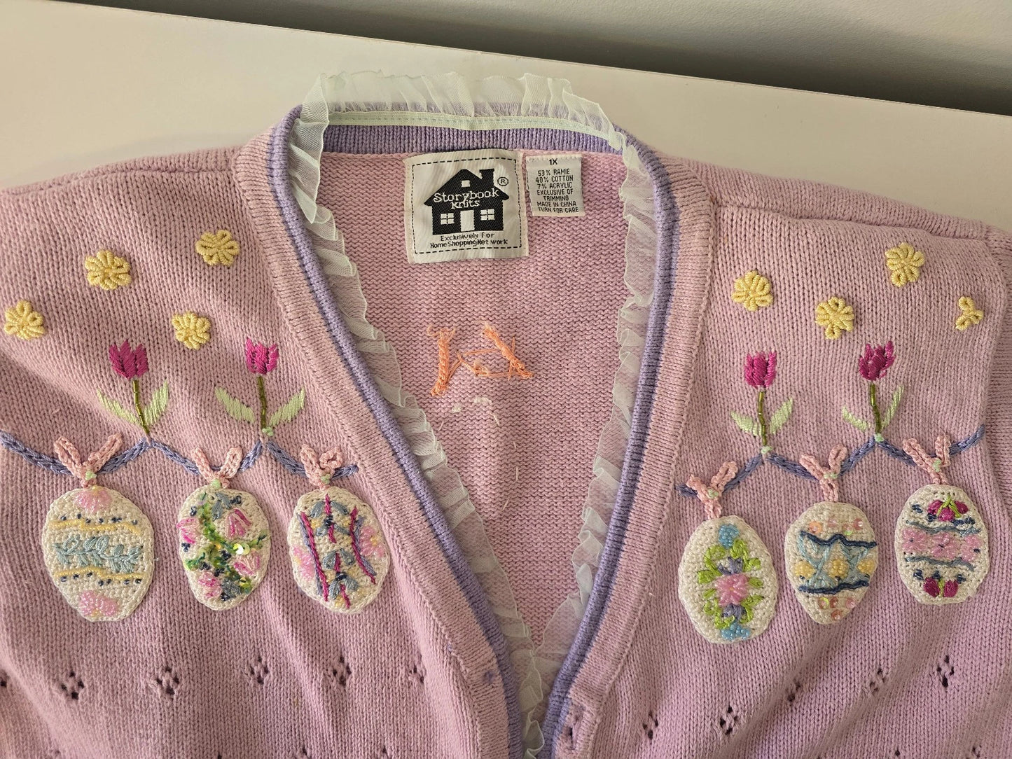 VTG Storybook Knits Cardigan Sweater 1X Lavender Bunny Leaps Floral Easter Egg